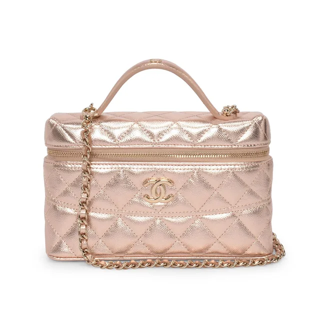 Chanel Quilted Caviar Top Handle Slim Vanity Case in Rose Gold Caviar leather from Blue Spinach