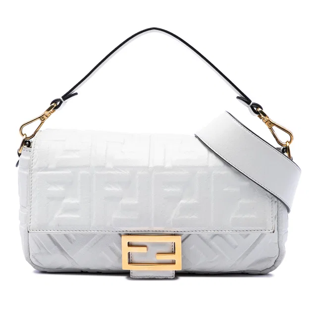 White Fendi Zucca Embossed Leather Baguette Satchel in White Leather from Designer Revival