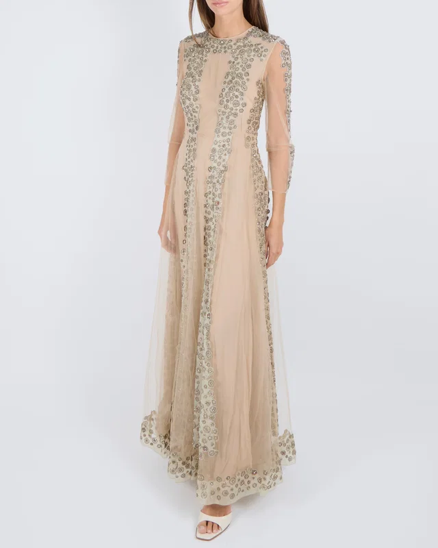Valentino Garavani Beige Tulle Long-Sleeved Gown with Grey Panels and Silver and Multi-Colour Crystal… in Beige from Sellier