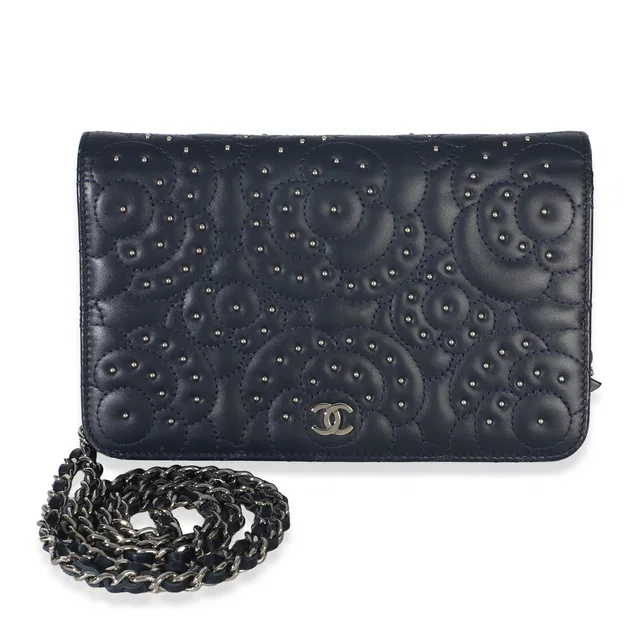 Chanel Blue Lambskin Camellia Studded Wallet on Chain in Blue Lambskin from myGemma