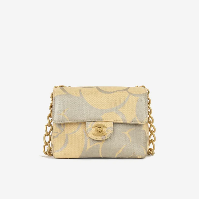 Chanel Vintage Mini Square - Beige Camellia Raffia | Antique Gold Hardware in Beige Raffia from Bagista