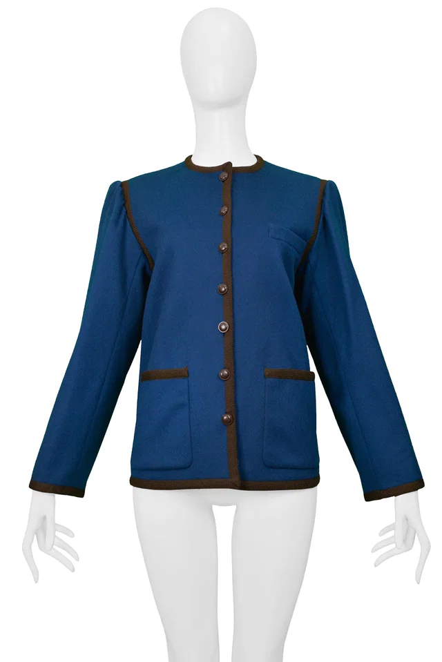Saint Laurent Blue Wool Cropped Jacket With Brown Trim in Brown Wool from Resurrection Vintage