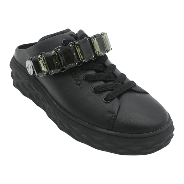 Jimmy Choo Black Leather Crystal Embellished Platform Low-Top Sneakers in Black Leather from Clotheshorse Anonymous
