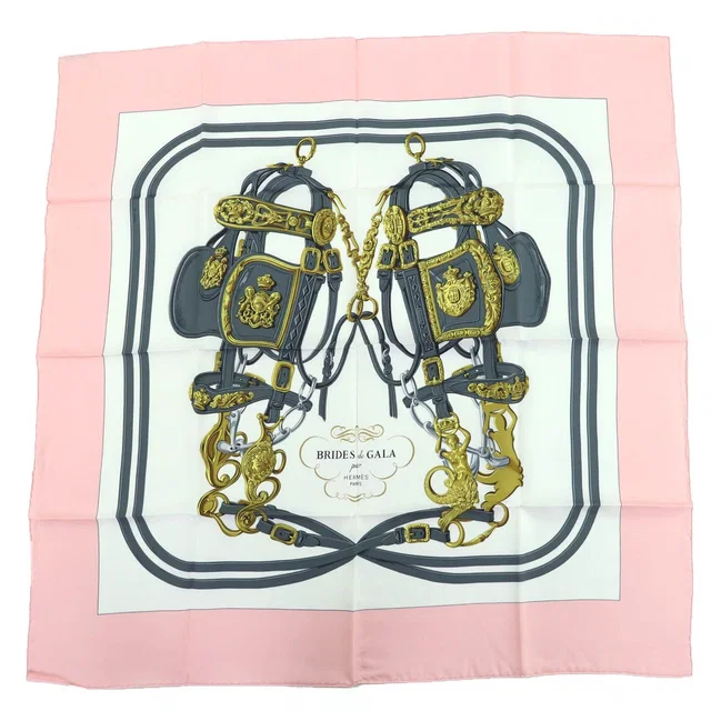Hermès Carre 90 Brides de Gala Ceremony Bridle Silk Large Scarf Pink in Pink Silk from The Reluxe