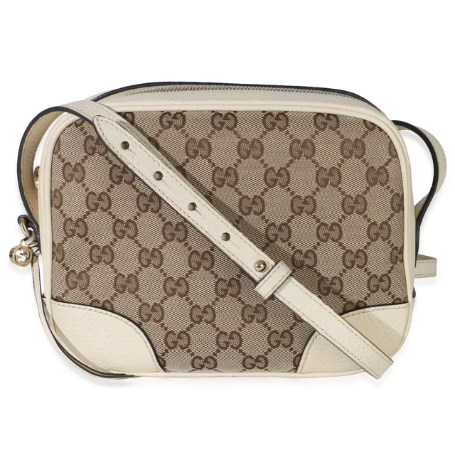 Gucci Cream Dollar Calfskin Beige GG Canvas Bree Mini Messenger Bag in White Calfskin from myGemma