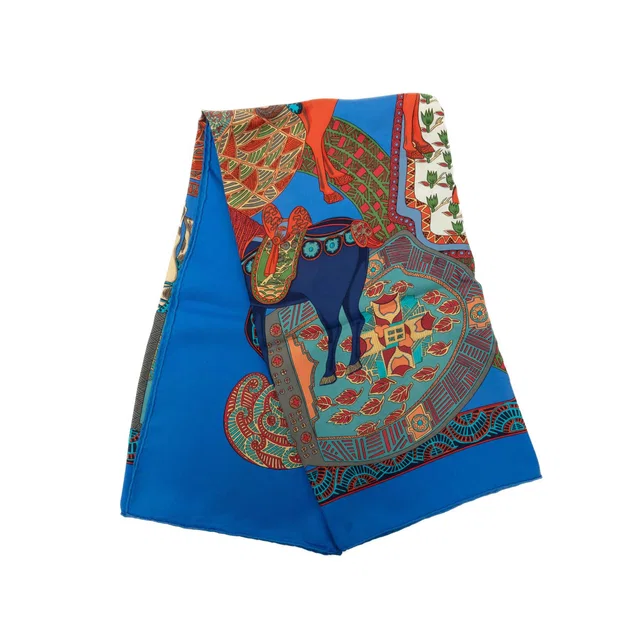 Blue Hermès Art des Steppes Silk Scarf 90 Scarves in Blue Silk from Designer Revival