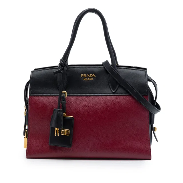 Red Prada Saffiano And City Calf Esplanade Satchel in Red Saffiano leather from Designer Revival