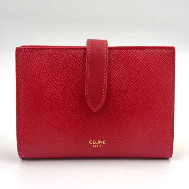 Celine Medium Strap Wallet Bifold Leather Red Gold in Red Leather from The Reluxe