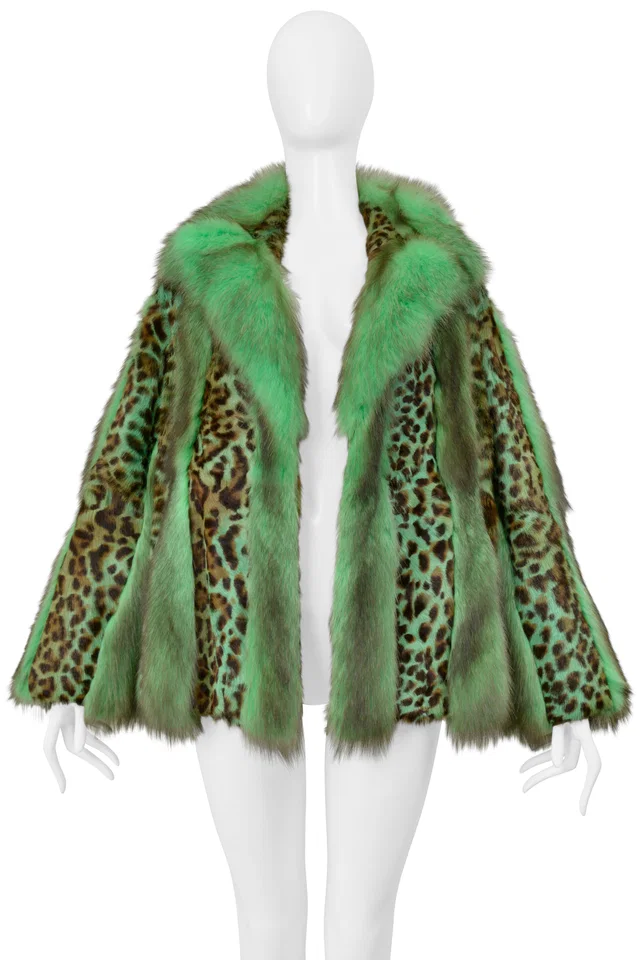 Versace Green Fox Fur And Leopard Print Coat 2004 in Green from Resurrection Vintage