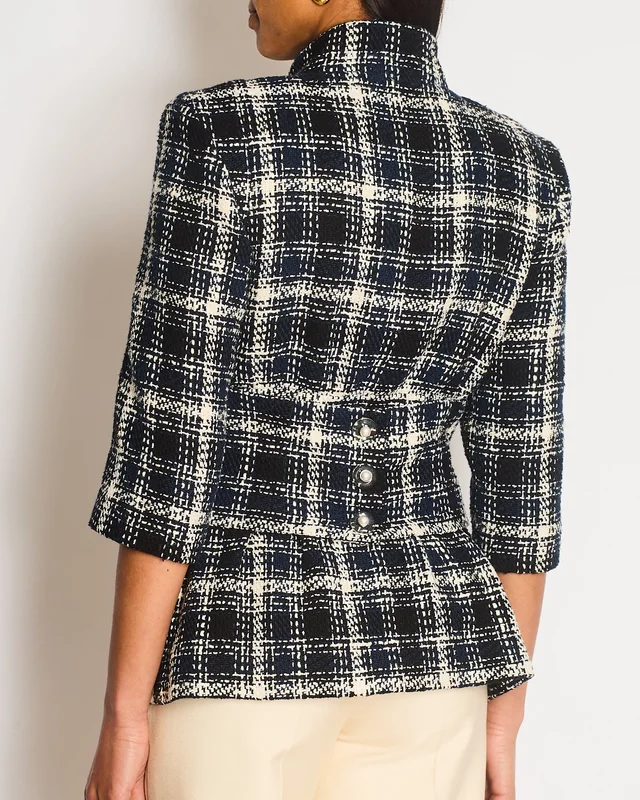 Chanel 18S Navy, White and Black Check Tweed Cropped Jacket with Cropped Sleeves and Clear Pearl Logo… in Black Tweed from Sellier, photo 2 of 2