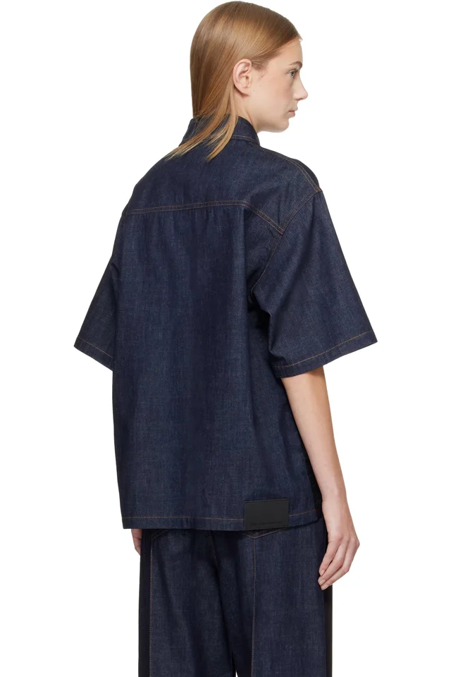 Stella McCartney Navy & Black Satin Panel Short-Sleeve Denim Shirt, photo 3 of 4 from SSENSE