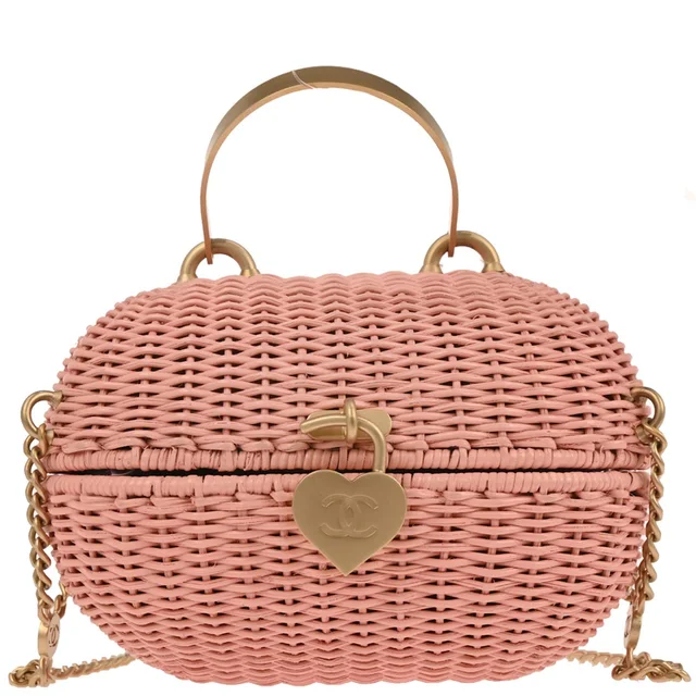 Chanel 2004-2005 Pink Rattan Heart Lock Basket Bag 2way Shoulder Handbag in Pink Raffia from AMORE Vintage Tokyo