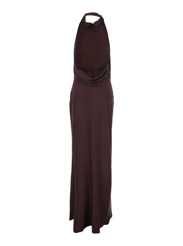 SIMKHAI Long Dress 'Reanon' with American Neckline and Open Back in Tech Fabric Brown Women in Brown 84% Acetate 16% Polyester, photo 3 of 6 from Gaudenzi Boutique