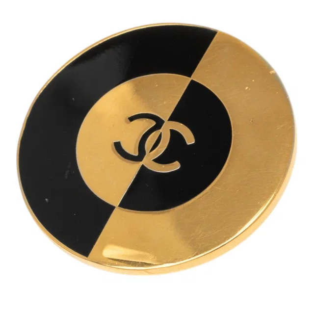 Black Chanel CC Gold Plated and Enamel Round Brooch in Black from Designer Revival