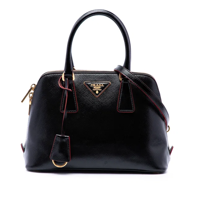 Black Prada Small Saffiano Vernice Promenade Satchel in Black Saffiano leather from Designer Revival