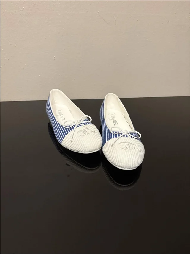 Chanel 24s Blue White Pinstripe Striped Cc Logo Bow Ballet Ballerina Flats 36 Eu in white|blue from Poshmark