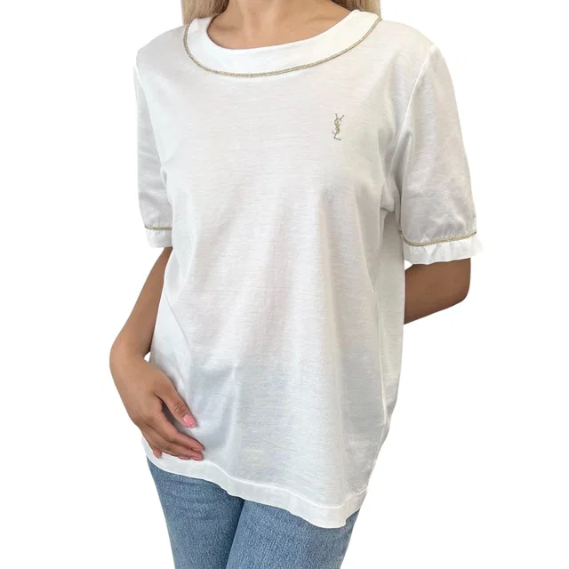 Saint Laurent Vintage Logo T-shirt Top #M White Gold Cotton Glitter in White from Luxury Promise