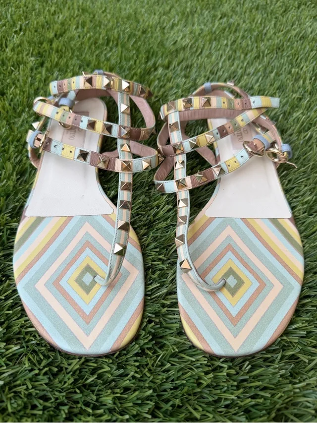 Valentino Garavani Pastel Geo Print Studded T-Strap Sandals in blue|pink from Poshmark, photo 1 of 1