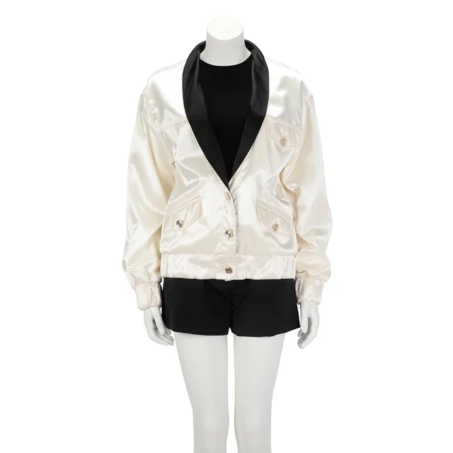 Chanel Bomber Jacket FR 36 in Cream & Black Satin from Blue Spinach