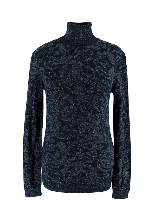 Chloé Navy Metallic Jacquard Knit Turtleneck Sweater in Navy from HEWI