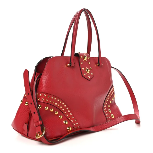 Prada Saffiano Studded Bijou Tote Red in Red Saffiano leather from FASHIONPHILE, photo 3 of 11