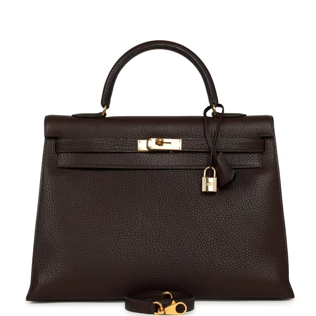 Hermès Vintage Kelly Sellier 35 Chocolat Fjord Gold Hardware in Goatskin from Madison Avenue Couture