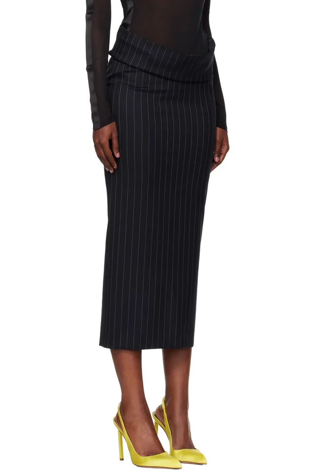 Mugler Navy Pinstripe Stretch Tube Midi Skirt, photo 2 of 4 from SSENSE