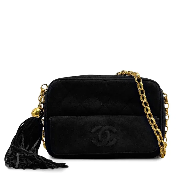 Chanel Vintage Matelasse Fringe Bijou Chain Shoulder Bag Black Suede Gold Hardware in Black Suede from Luxury Promise