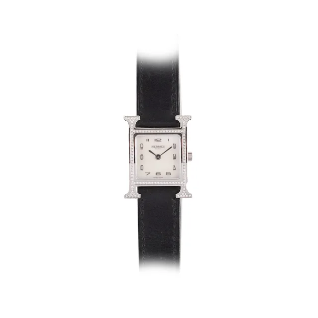 Hermès H Heure Watch Small Model, 25mm, Diamond Black Leather MOP Face in Black Leather from The Purse Affair
