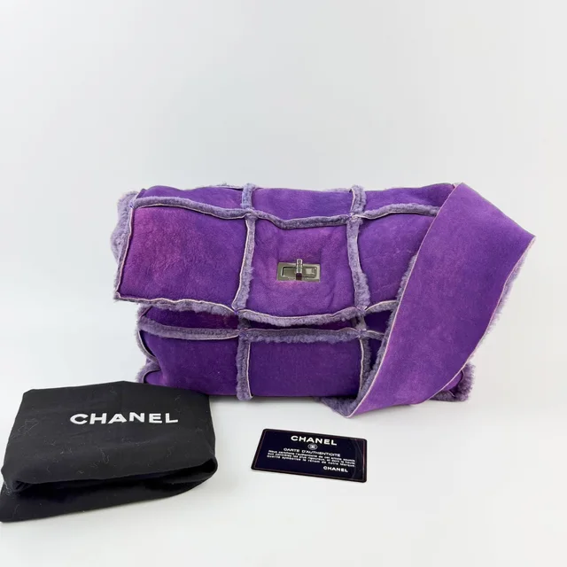 Chanel Shearling Patchwork Turnlock 2.55 Shoulder Bag Suede Purple Seal Vintage in Purple Suede from The Reluxe