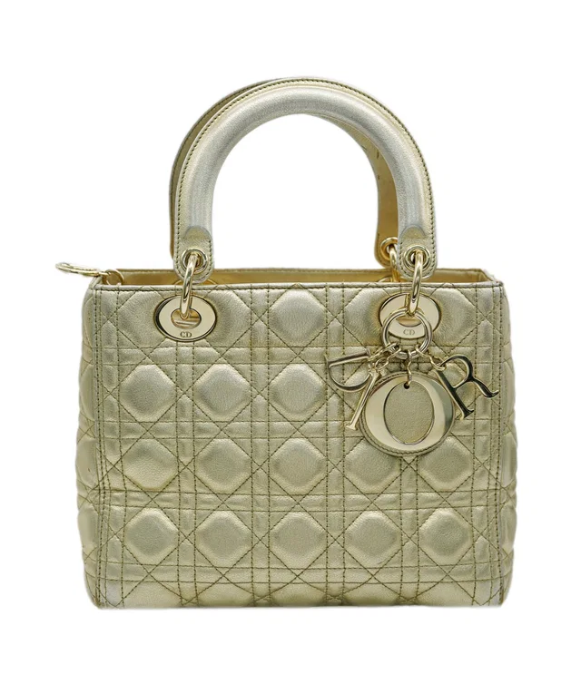 metallic gold medium lady dior with GHW in Gold Lambskin from Luxury Promise