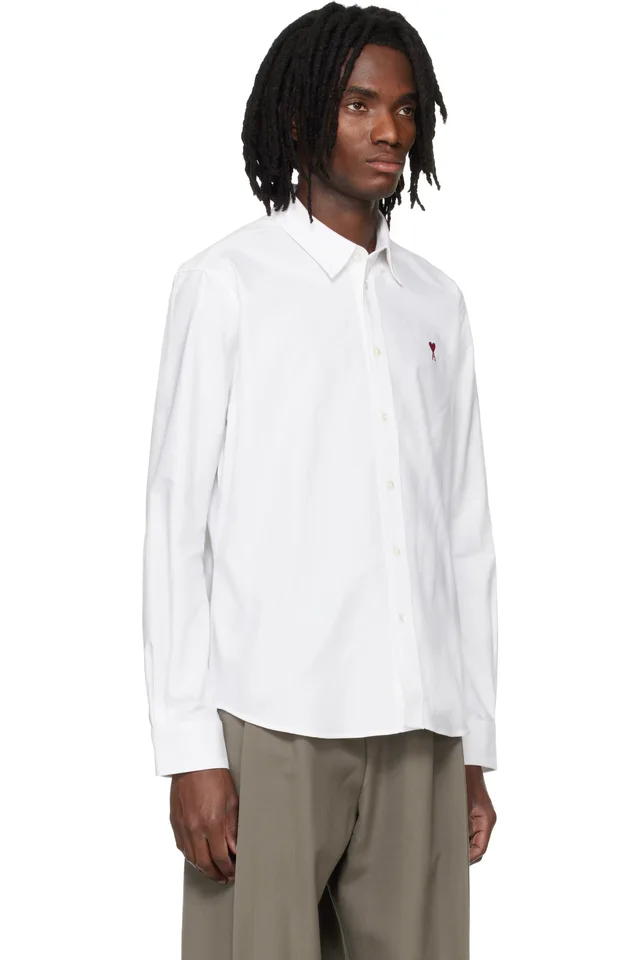 AMI Paris White Classic Long Sleeve Button-Down Collar Embroidered ADC Shirt, photo 2 of 4 from SSENSE