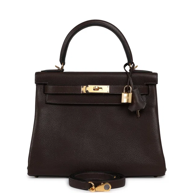 Hermès Kelly Retourne 28 Ebene Barenia Faubourg Gold Hardware in Brown Calfskin from Madison Avenue Couture