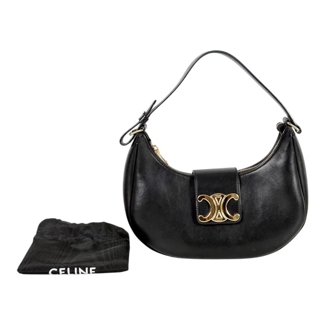 Celine Black Ava Triomphe Hobo Bag in Calfskin in Black Calfskin from Luxury Promise