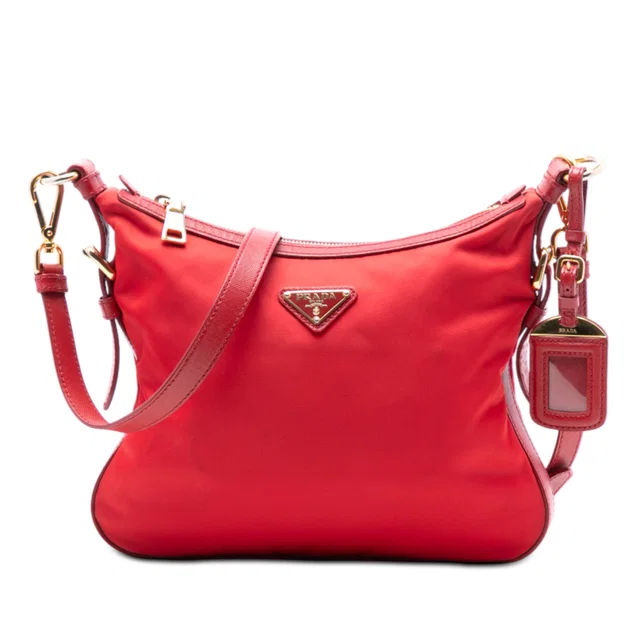 Red Prada Saffiano Trimmed Tessuto Zip Top Crossbody in Red Saffiano leather from Designer Revival