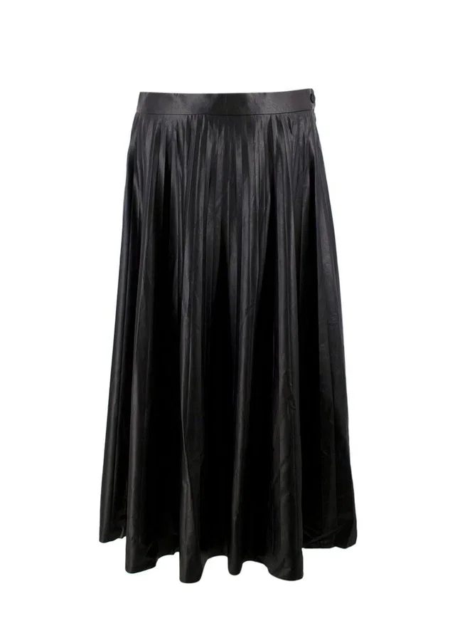 MM6 Maison Martin Margiela Black Faux Leather Pleated Midi Skirt in Black Leather from HEWI