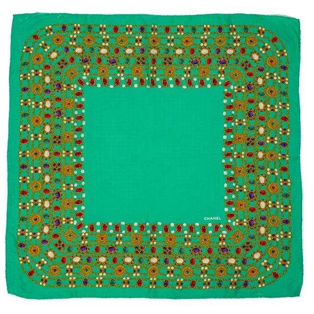 Chanel Vintage Gripoix Jewelry Pattern Scarf Green Multicolor Silk in Green Silk from Luxury Promise