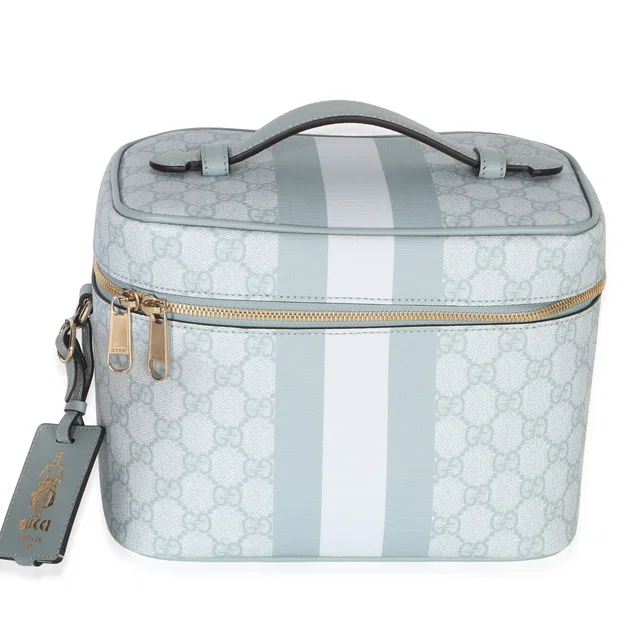 Gucci Light Blue GG Supreme Monogram Dollar Calfskin Medium Savoy Vanity Case in Blue Calfskin from myGemma