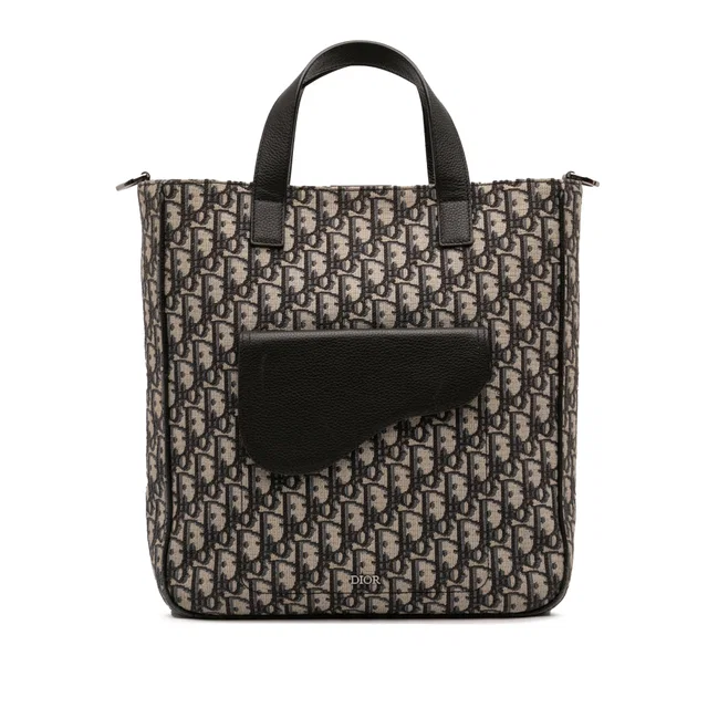 Blue Dior Oblique Canvas and Leather Saddle Tote Satchel in Blue Canvas from Designer Revival