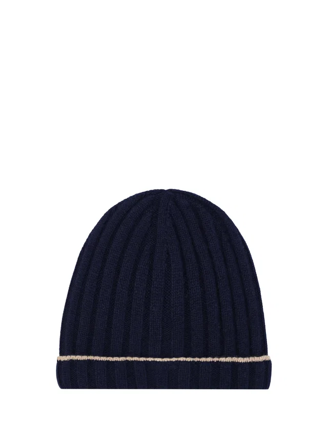 Brunello Cucinelli M2240900 Ribbed Cashmere Beanie — Navy Kashmir/capra Hircus Beanies in Navy Cashmere from HEWI