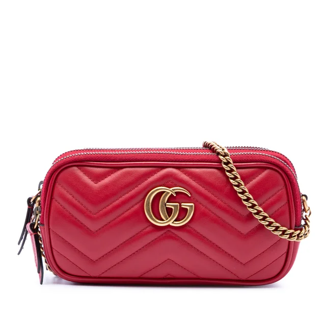 Red Gucci Mini Calfskin GG Marmont Triple Zip Crossbody in Red Calfskin from Designer Revival
