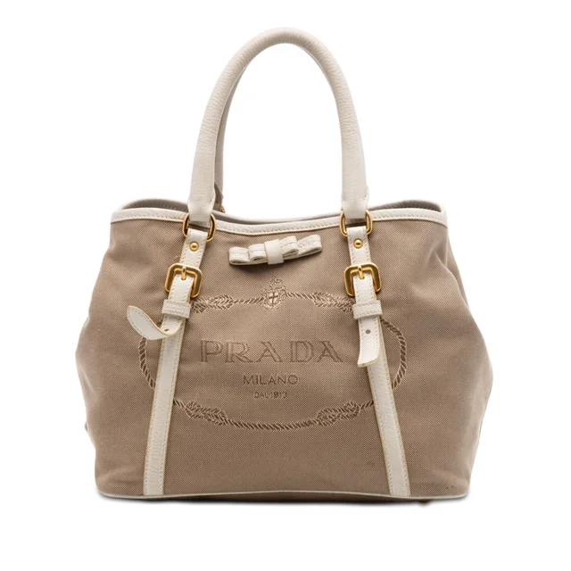 Beige Prada Canvas Canapa Logo Bow Satchel in Beige Canvas from Designer Revival, photo 1 of 1
