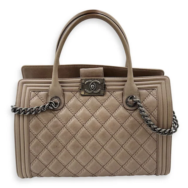Chanel Boy Top Handle Bag Beige in Calfskin, Gunmetal hardware in Beige Calfskin from Luxury Promise