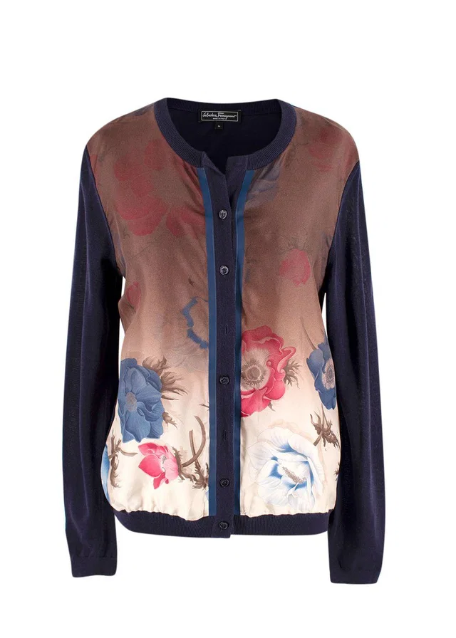 Ferragamo Navy Contrast Sleeves Floral Cardigan in Navy from HEWI