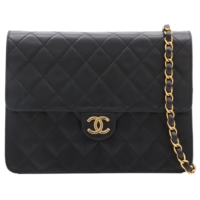 Chanel circa 1998 Matelassé Stitch CC Mark Plate Chain Shoulder Bag Black in Black Lambskin from VINTAGE QOO TOKYO