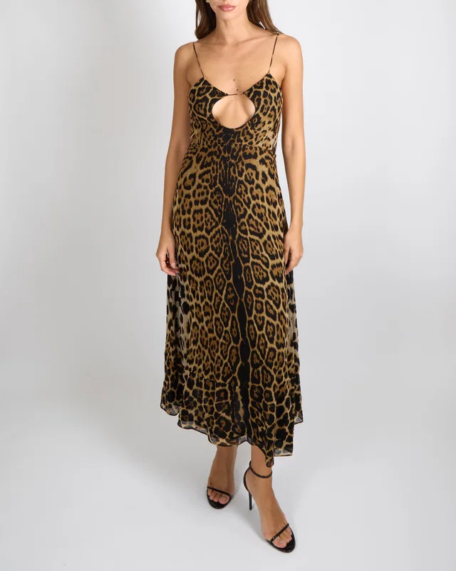 Saint Laurent Leopard Print Sleeveless Maxi Dress with Front Cut Out Detail Size FR 36 (UK 8) in Silk from Sellier