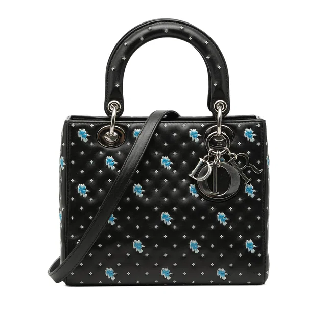 Black Dior Medium Calfskin Embroidered Flower Lady Dior Satchel in Black Calfskin from Designer Revival