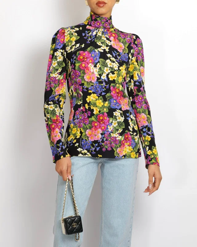 Dolce & Gabbana Black Silk Long-Sleeved Top with Multi-Colour Floral Print Size IT 40 (UK 8) in Black Silk from Sellier