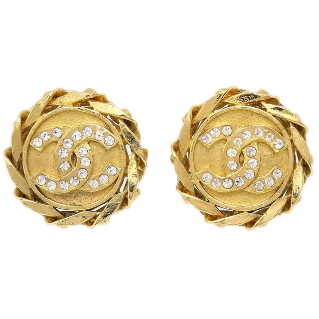 Chanel Button Rhinestone Earrings Clip-On 23 Gold in Gold from AMORE Vintage Tokyo