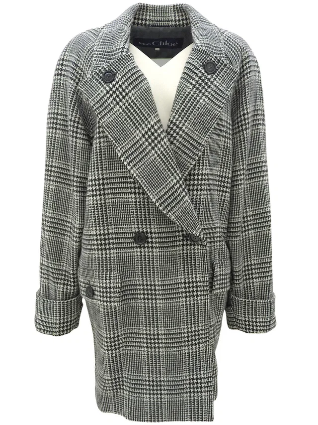 Chloé Check Pattern Long Coat #38 White/Black in Black Wool from VINTAGE QOO TOKYO